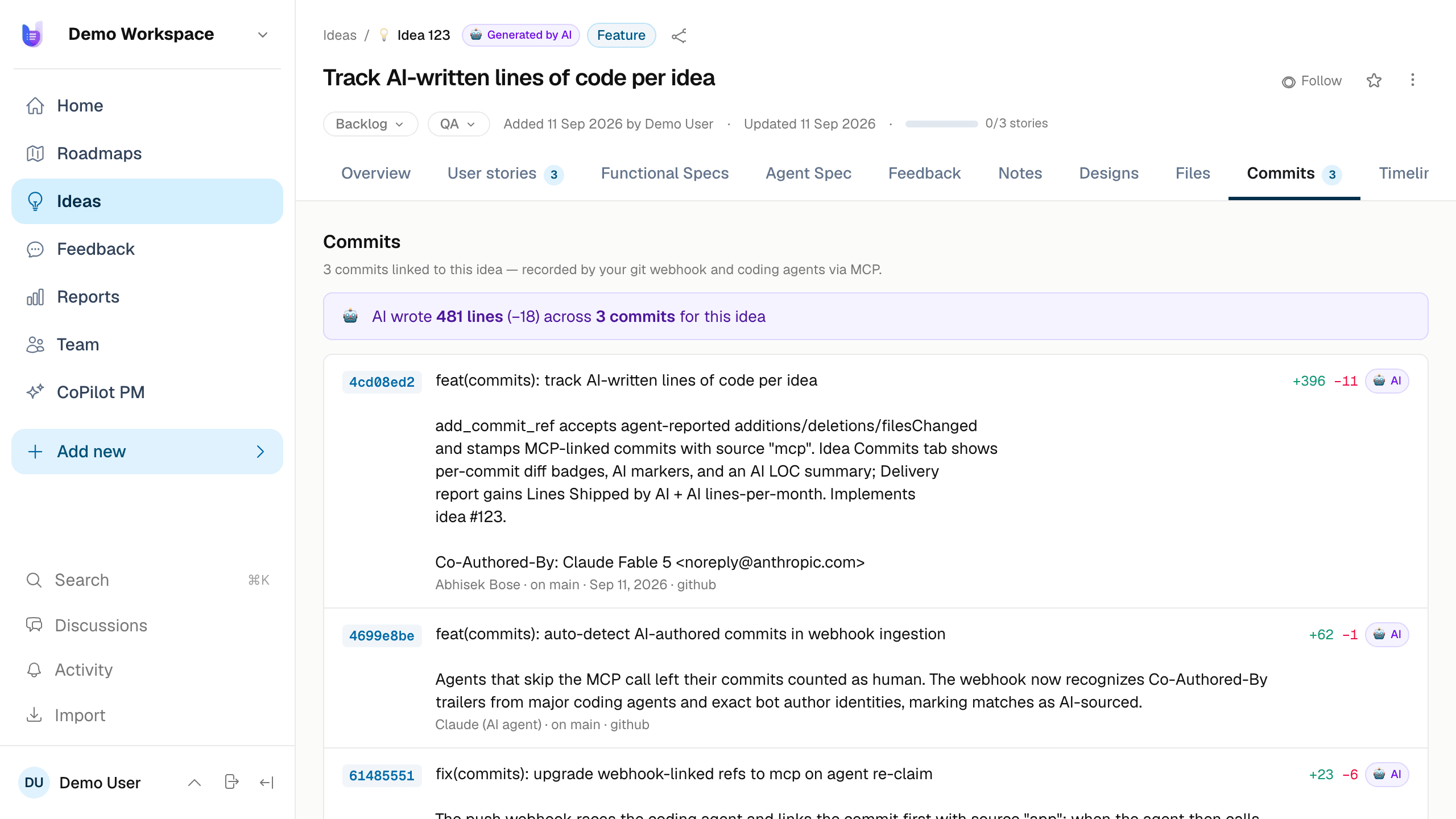An UltiPad idea's Commits tab showing AI-written line counts