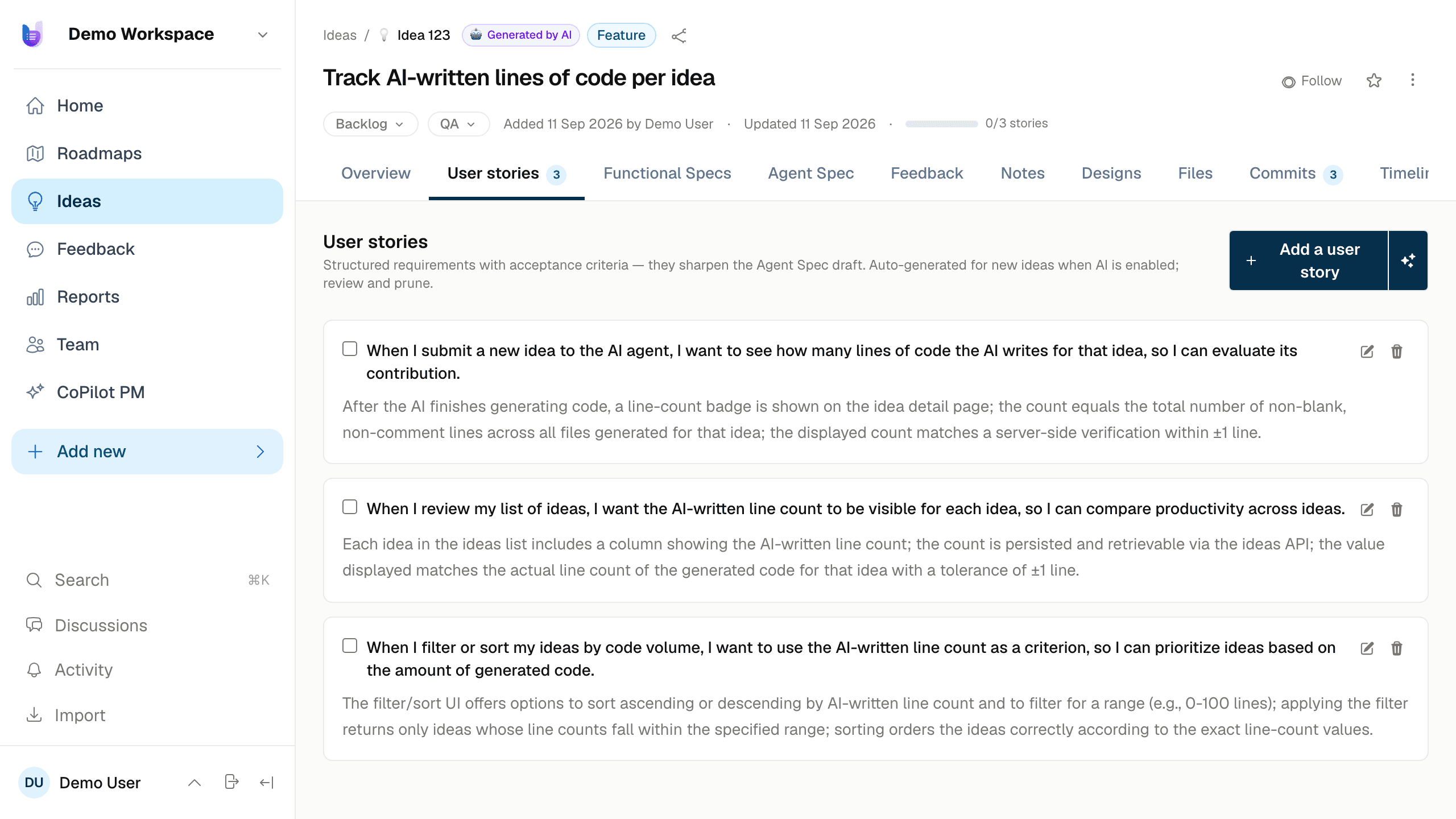 Auto-generated user stories with acceptance criteria on an UltiPad idea