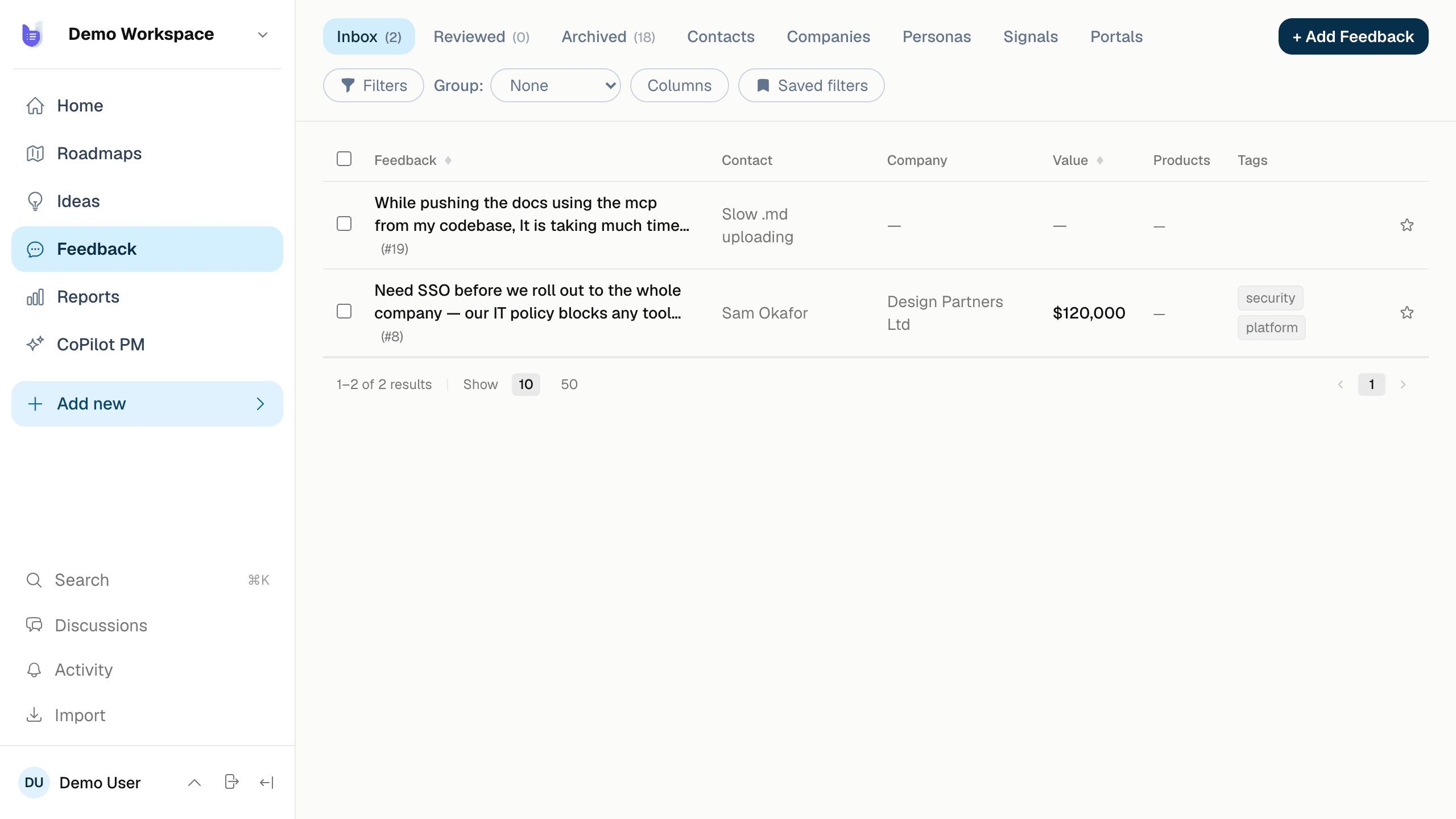 UltiPad's feedback triage inbox