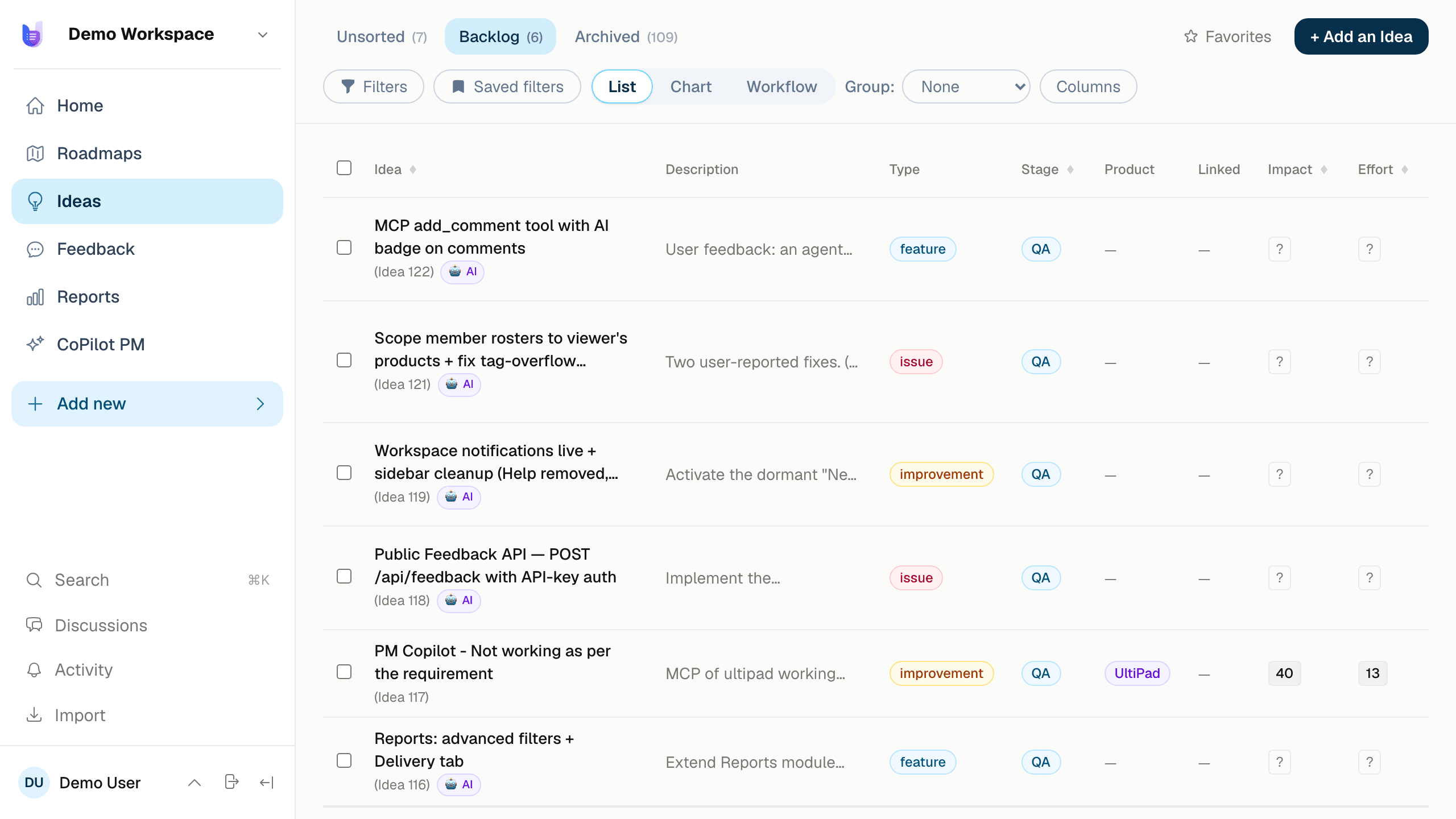 UltiPad's ideas list with linked delivery work