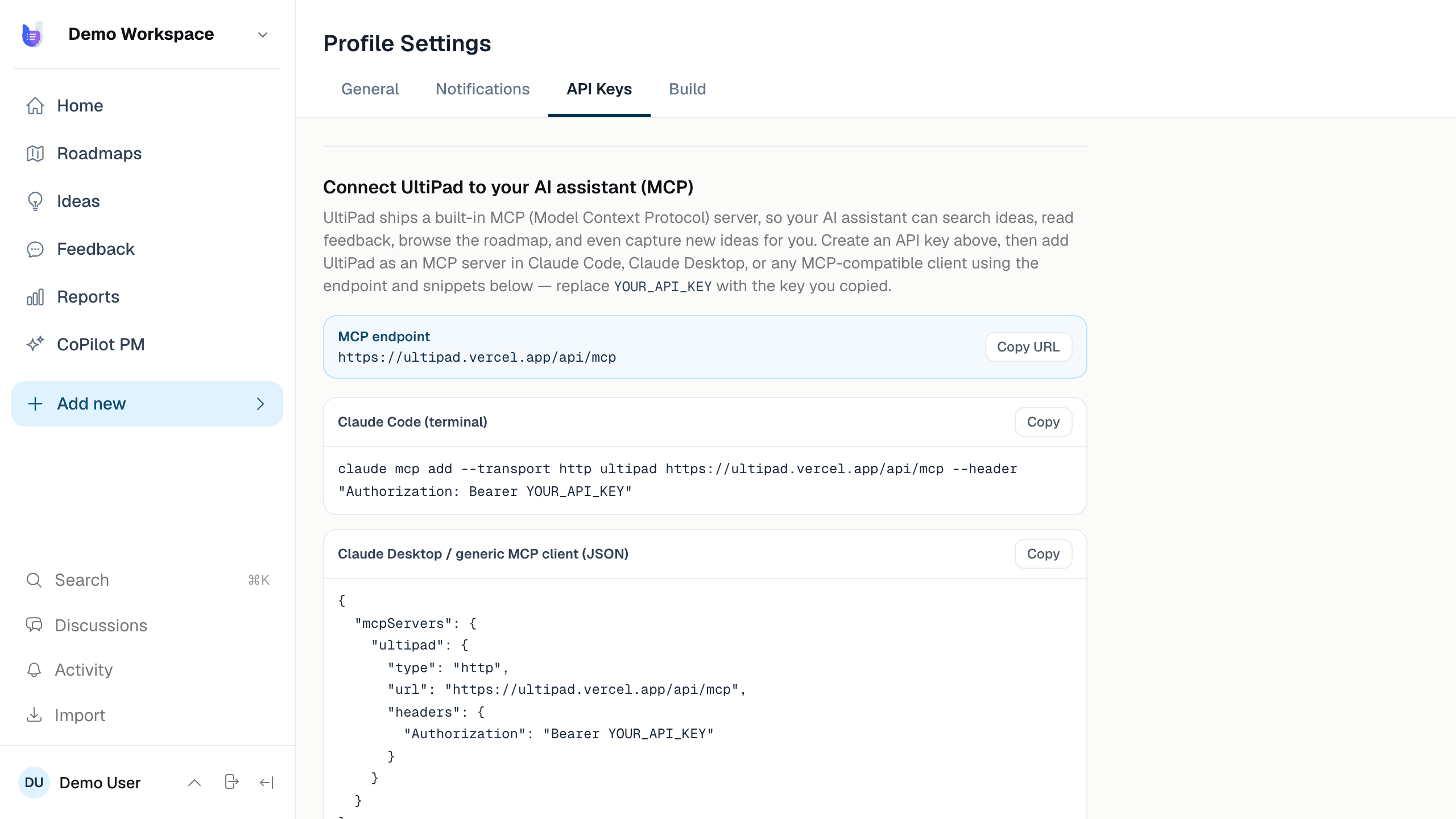 UltiPad's MCP setup screen with API key management